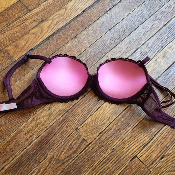 NEW 32C PINK VICTORIAS SECRET plum|purple floral lace date night push up bra - Picture 7 of 7